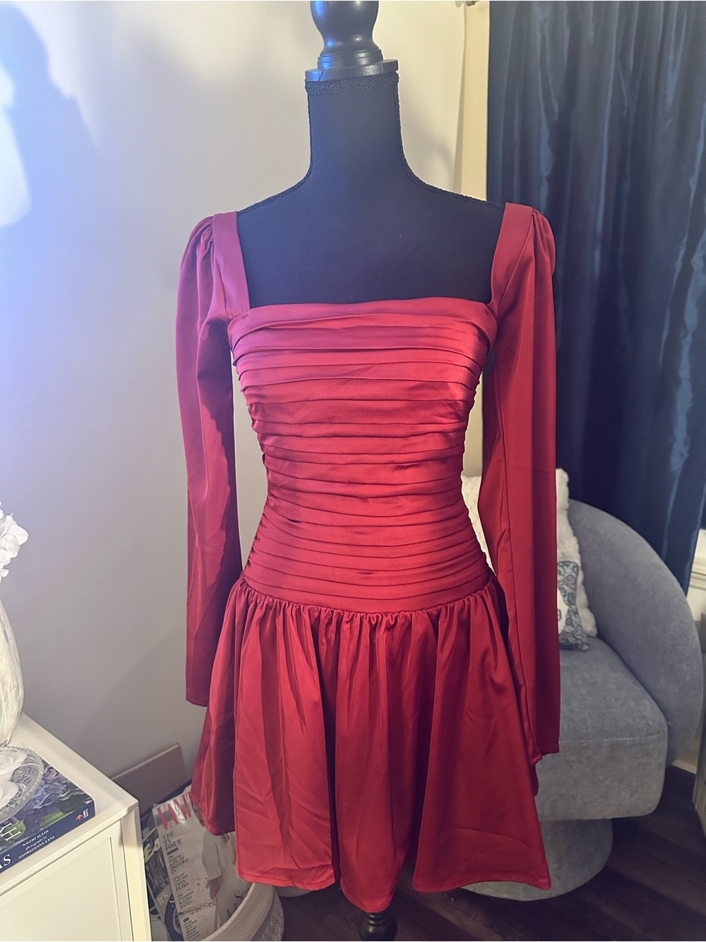 Abercrombie & Fitch Red Square-Neck Pleated Bodice Mini Dress